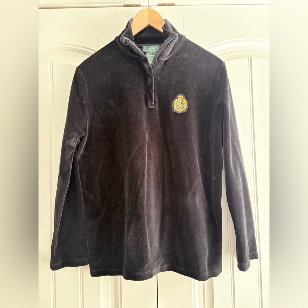 Lauren Ralph Lauren Pullover Women's Sz M Black Velvet Crest Quarter Zip Sweater